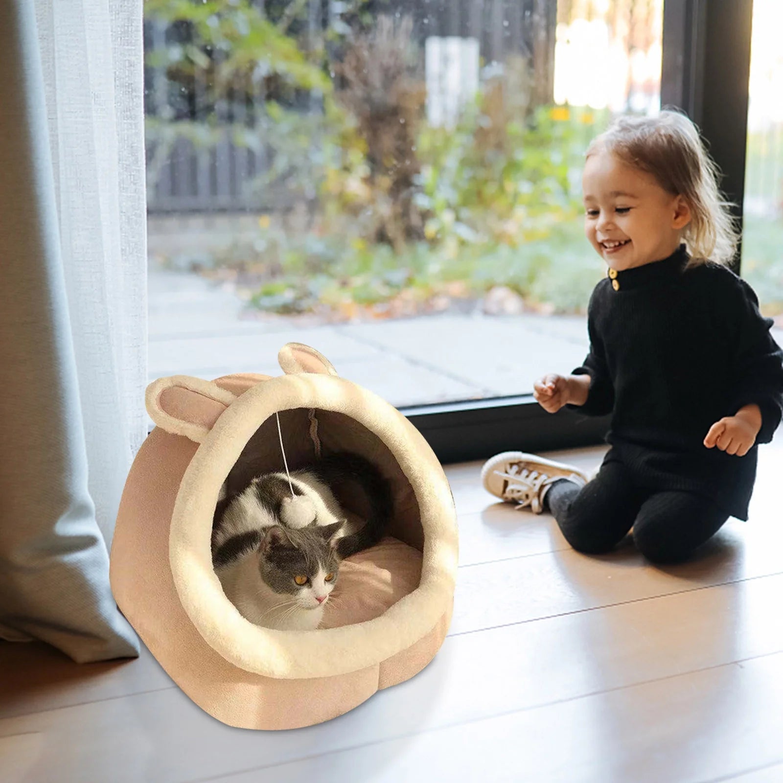 Cat Bed with Ears Cozy Indoor Pet House Pink7k