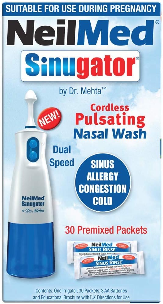 NeilMed Sinugator Cordless Pulsating Nasal Wash Kit with One Irrigator, 30 Premixed Packets and 3 AA Batteries a7