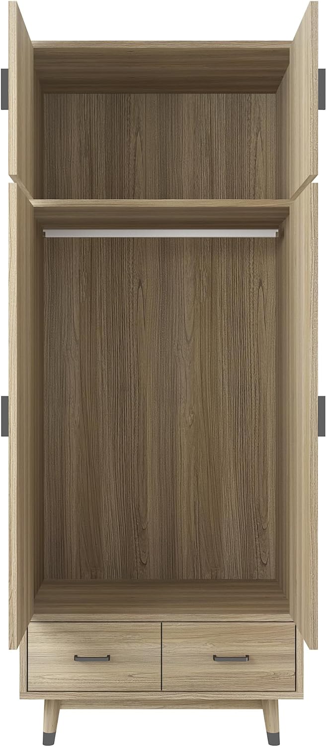 Oak 2-Door Storage Cabinet with Drawers and Hanging Rod k7p