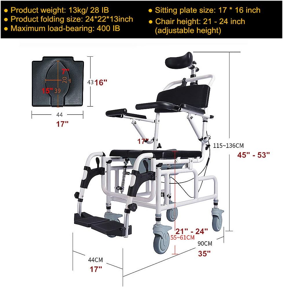 Tilt-in-Space Reclining Shower Commode Chair with Padded Seat and Flip-up Armrests k7