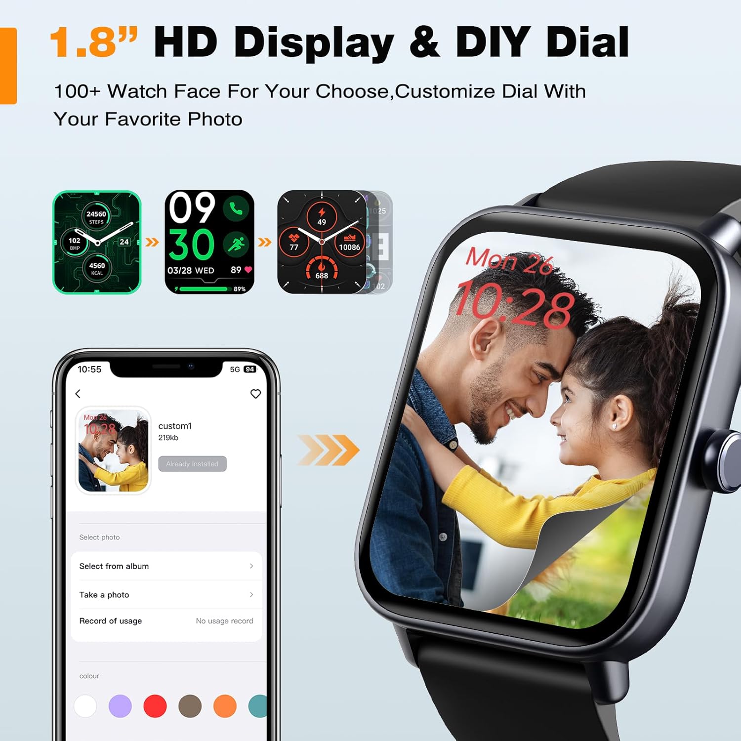 Smart Watch 1.8" Touchscreen Fitness Tracker Blood Oxygen Heart Rate Monitor a7