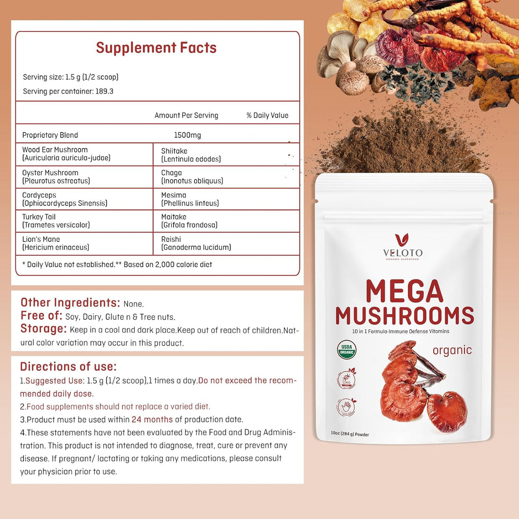Organic Mushroom Powder Blend 10 in 1 Supplement k7