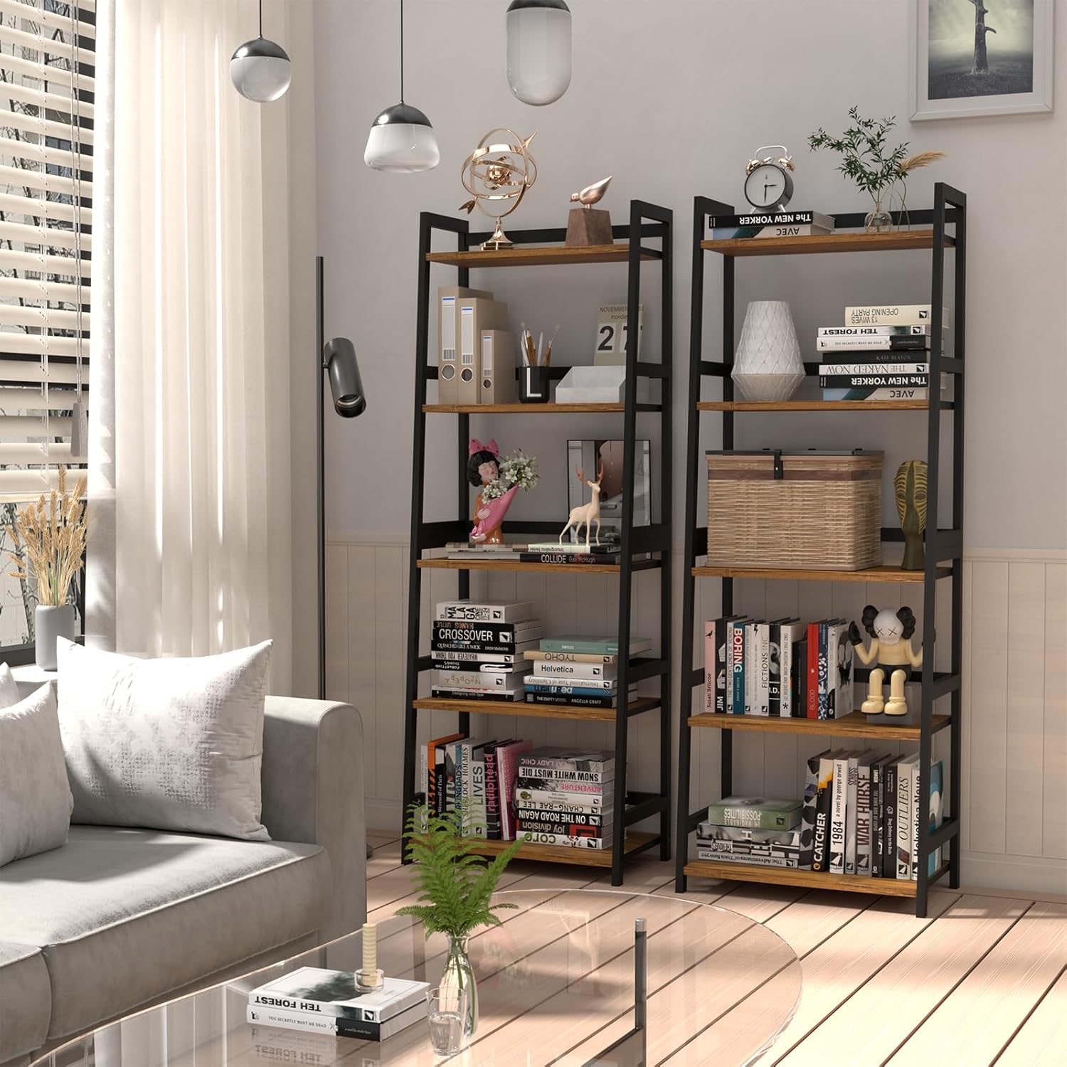 Bamboo Bookshelf 5 Tier Tall Corner Rack for Living Room a7