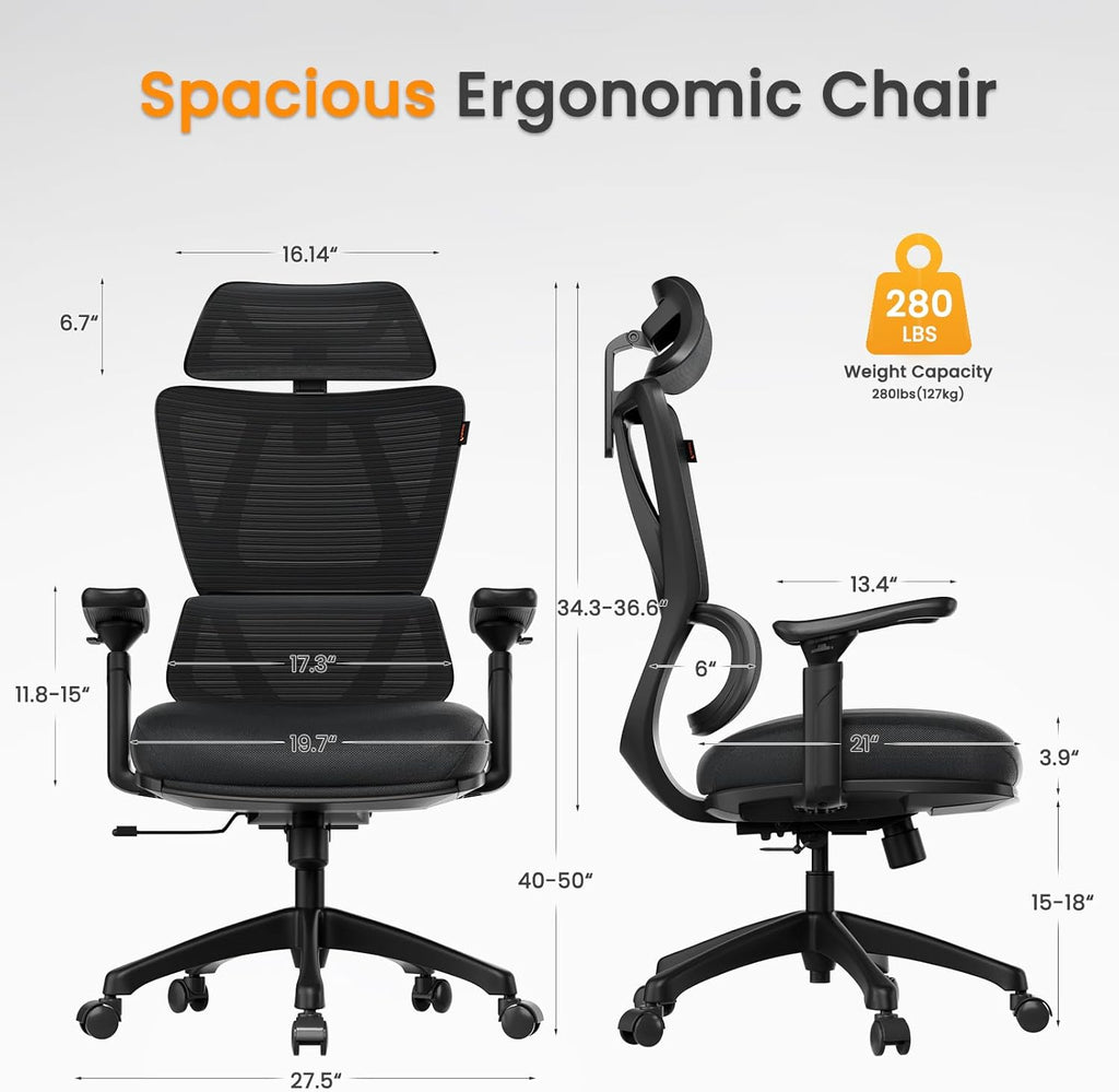 Ergonomic Mesh Office Chair with Wheels Adjustable Arms Headrest Lumbar Support k7q