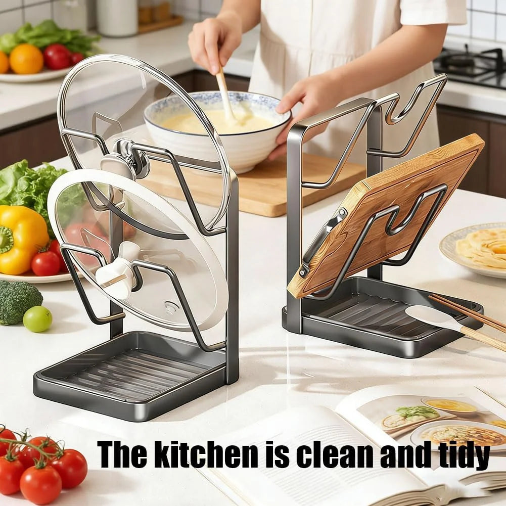 Stainless Steel Pot Lid Storage Rack with Drip Tray k7m