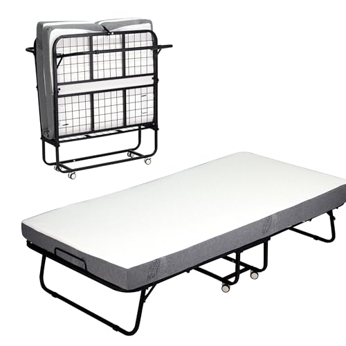 Folding Bed, Portable Foldable Bed with Mattress, 75"x 38" Rollaway Bed Guest Bed for Adults, Fold up Bed with Sturdy Metal Frame& Wheels, Space-Saving Sleeper Bed,Black