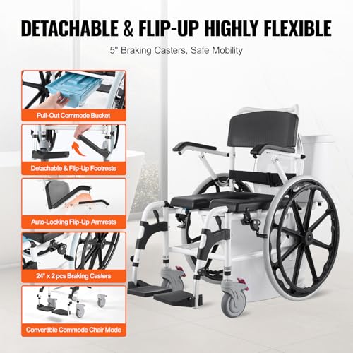 Shower Wheelchair 17.5in Aluminum Adjustable Rolling Chair with Brake a7