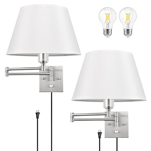 TRLIFE Dimmable Wall Sconce Plug in, Wall Sconces Set of Two Swing Arm Wall Lights with Plug in Cord and On/Off Dimmer Rotary Switch, 11.8" Large Beige Fabric Shade(2 Pack, 2 Bulbs Included)