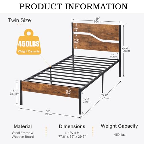 Twin Bed Frame with Wood Storage Headboard and Footboard, Metal Platform, Under Bed Storage, Rustic Brown k7