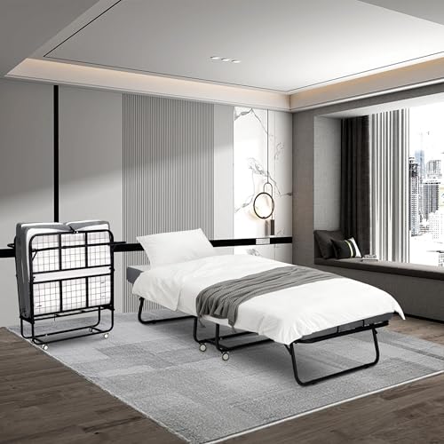Folding Bed with Mattress, Portable Rollaway Guest Bed for Adults, Metal Frame a7