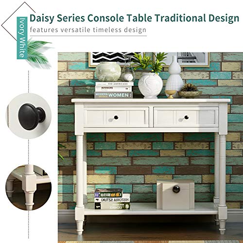 Narrow Console Table with 2 Drawers and Storage Shelf, 35.34" L Retro Wood Entryway Table Ivory k7m