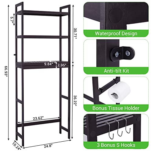 Bamboo 3-Tier Over Toilet Storage Shelf with Paper Holder and Hooks k7m