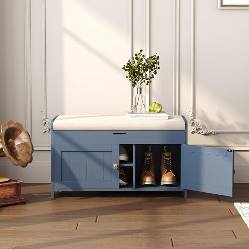 Shoe Storage Bench with Lift Top Cushioned Seat Blue k7