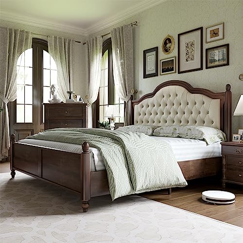 Solid Queen Platform Bed with Upholstered Headboard Walnut k7m