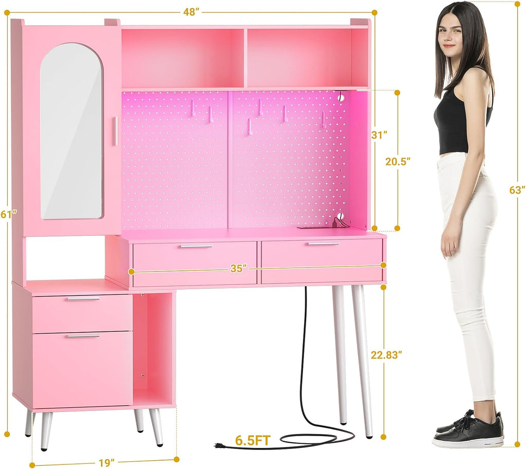 Vanity Desk with Mirror and LED Light, 48 Inch Makeup Vanity with Storage a7