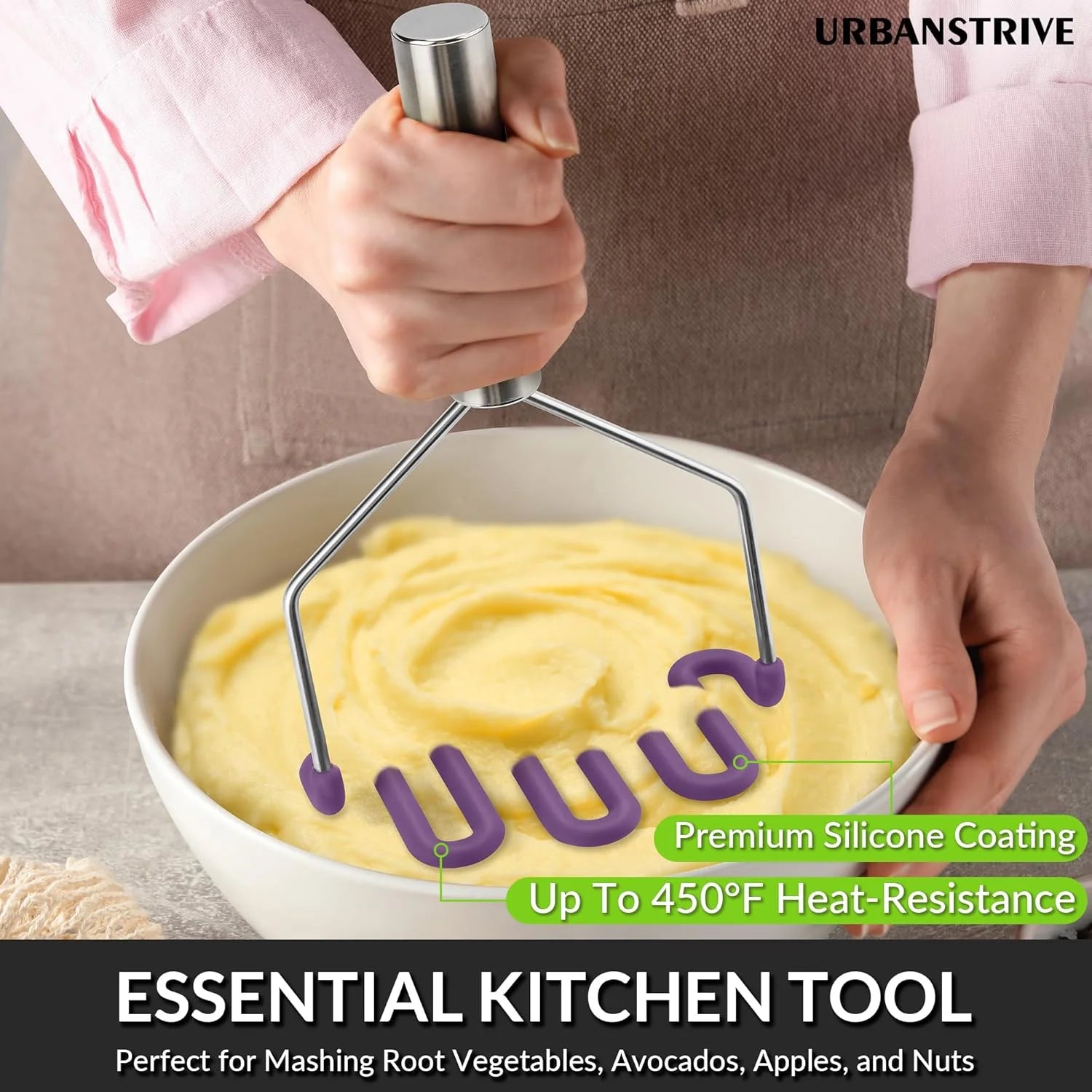 Silicone potato masher with stainless steel core a7