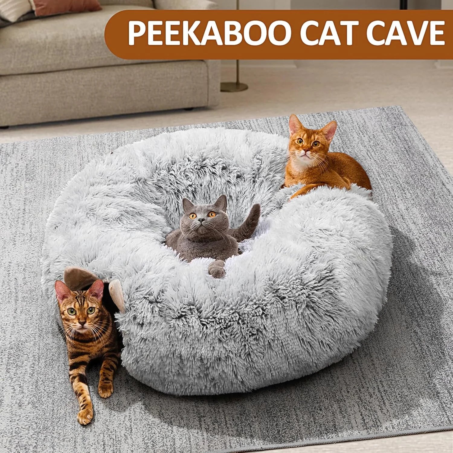 Cat Tunnel with Cat Bed for Indoor Plush Peekaboo Cave Grey k7