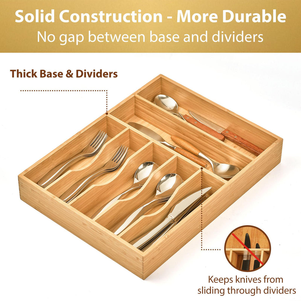 Bamboo Utensil Tray for Drawers, 7-Slot Deep Divider, Natural Wood A7