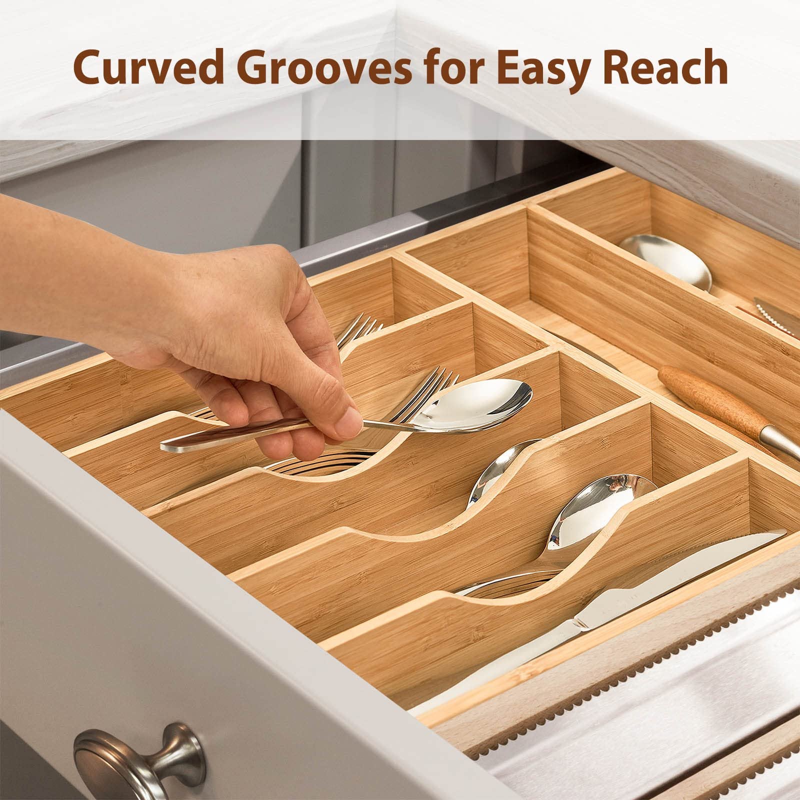 Bamboo Utensil Tray for Drawers, 7-Slot Deep Divider, Natural Wood A7