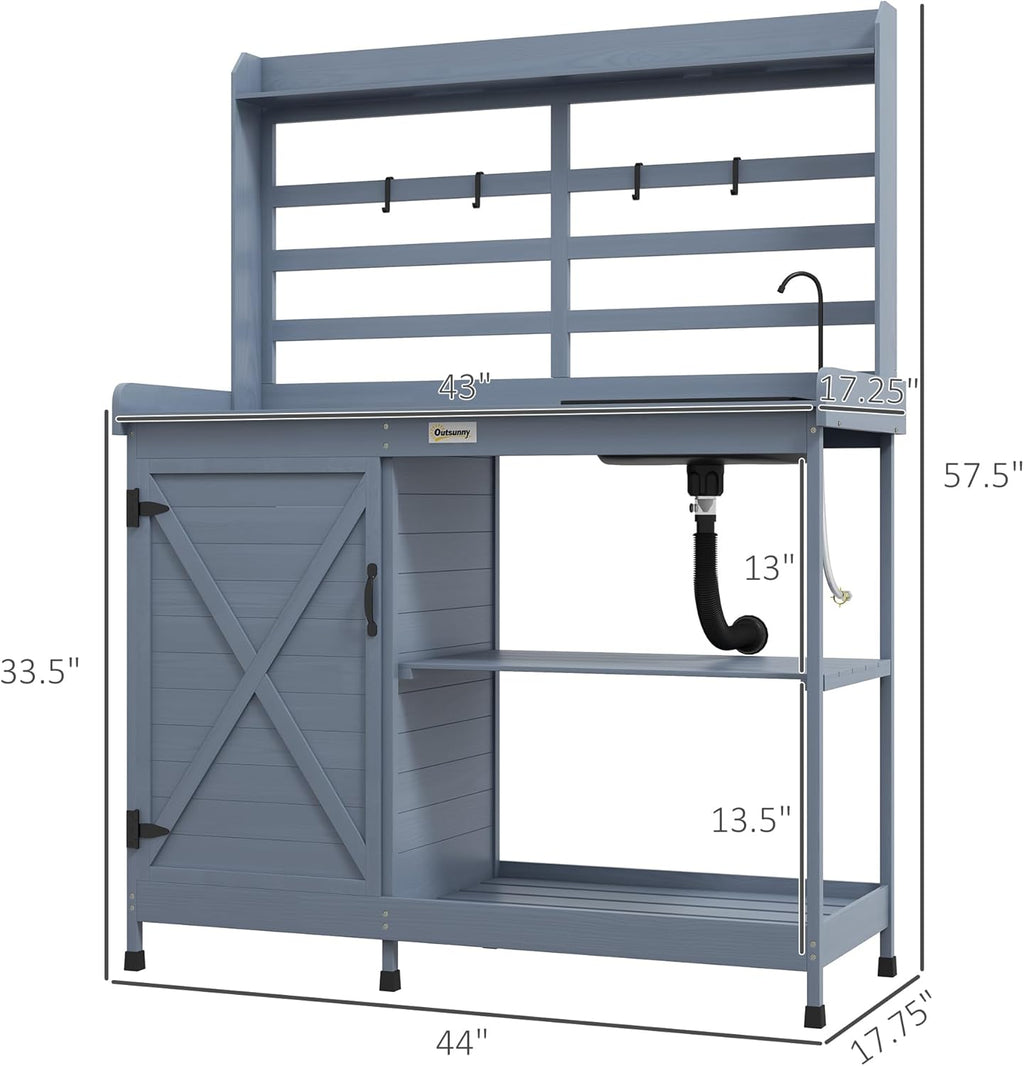 Wooden Potting Bench with Storage Cabinet and Sink, Gray k7