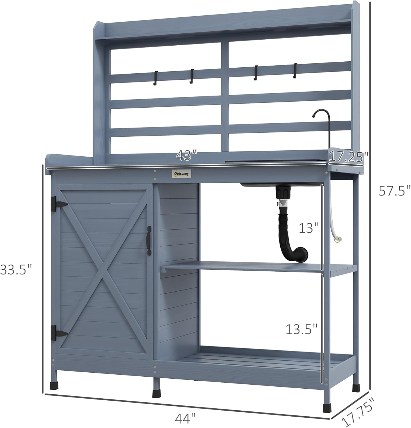 Wooden Potting Bench with Storage Cabinet and Sink, Gray k7