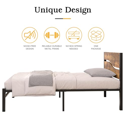 Twin Bed Frame with Wood Storage Headboard and Footboard, Metal Platform, Under Bed Storage, Rustic Brown k7