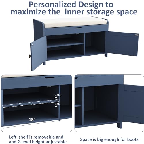 Shoe Storage Bench with Lift Top Cushioned Seat Blue k7