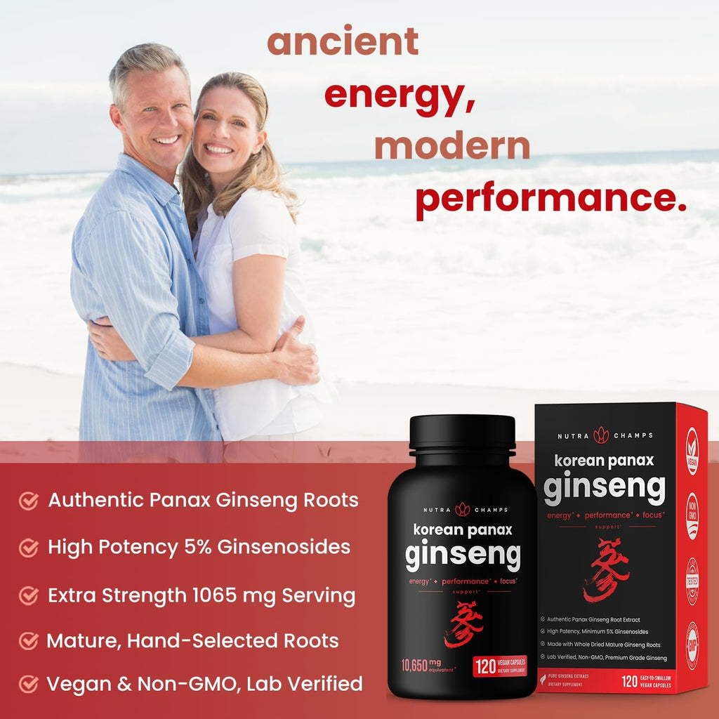 Korean Red Panax Ginseng Capsules Extra Strength Energy Focus Vitality Immune Support Vegan Pills k7