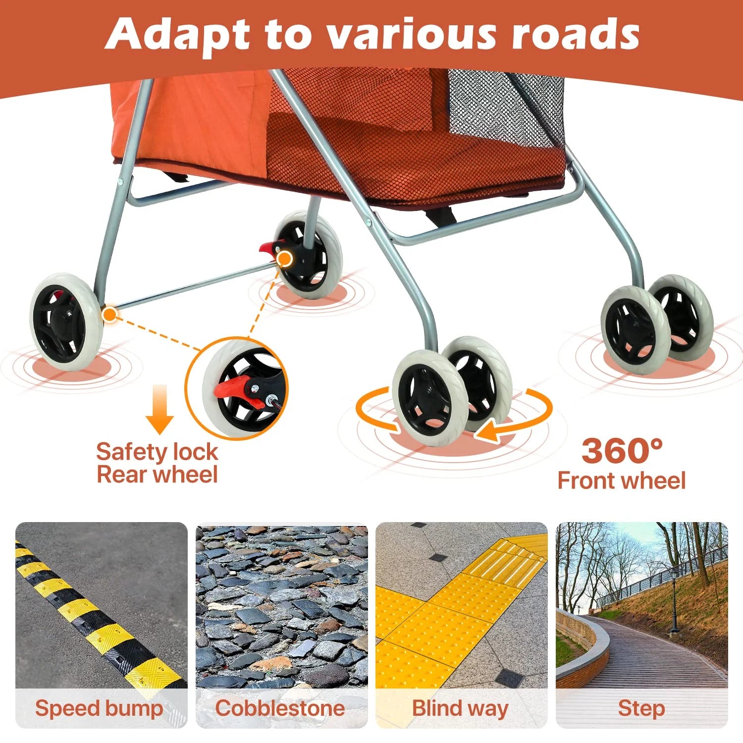 Dog Stroller Folding Pet Cat Stroller 4 Wheels Portable Orange k7