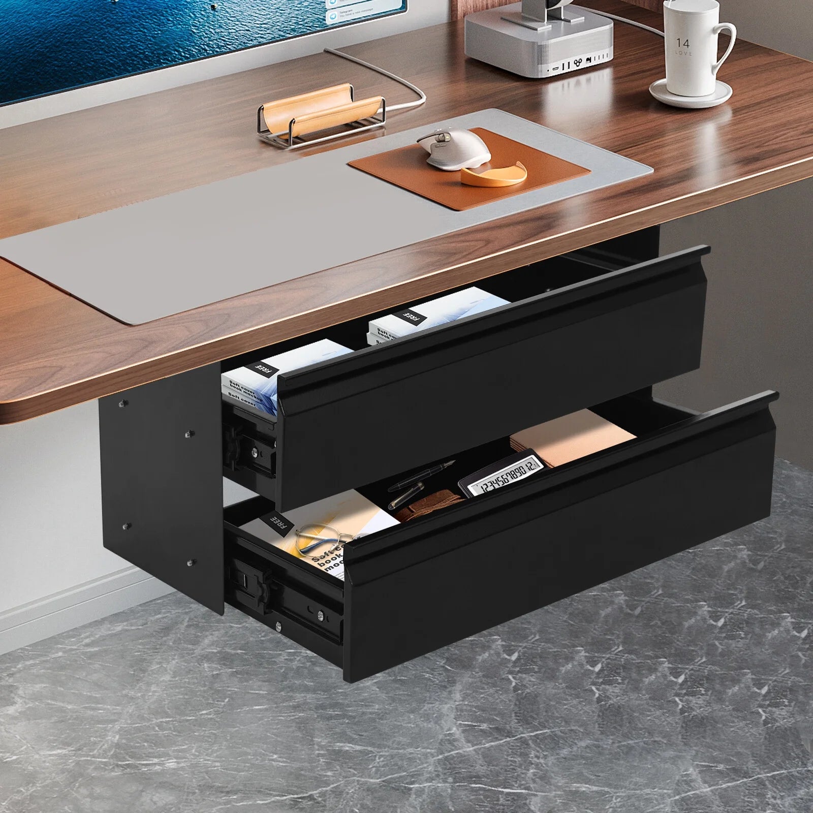 Under Desk Sliding Drawer Organizer, Black Steel Storage Tray a7