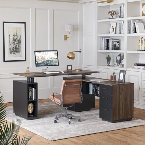 L Shaped Standing Desk with File Cabinet, Electric Adjustable, Black Walnut k7m