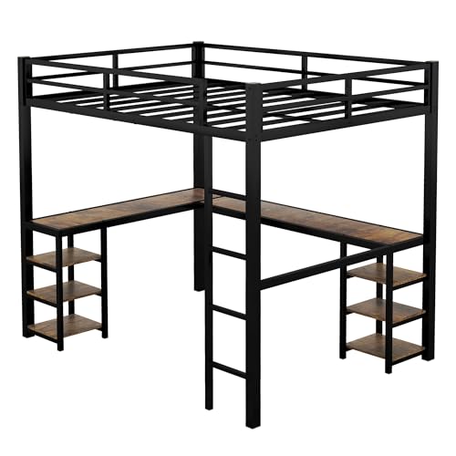 Full Size Loft Bed with Desk and Storage Shelves, Metal Frame a7