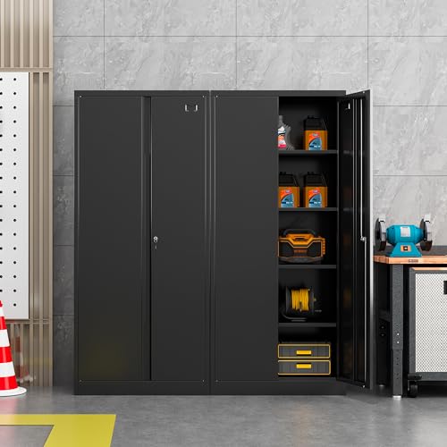 Metal Storage Cabinet 2 Doors 4 Shelves Lockable Black a7