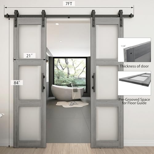 Double Glass Barn Door 21x84in with Sliding Hardware Kit White k7