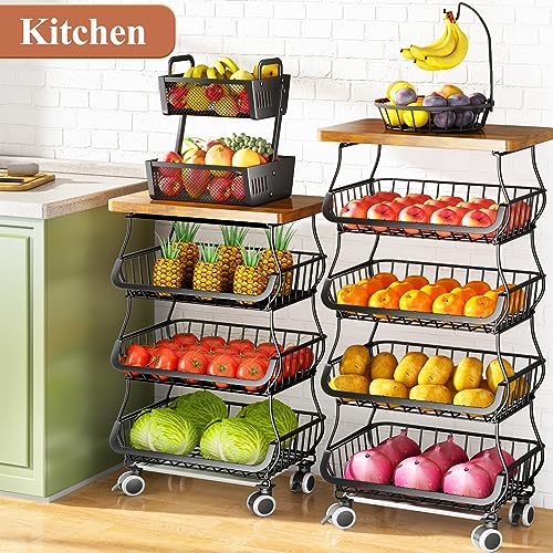 Fruit Basket with Wood Top 5 Tier Stackable Cart White a7