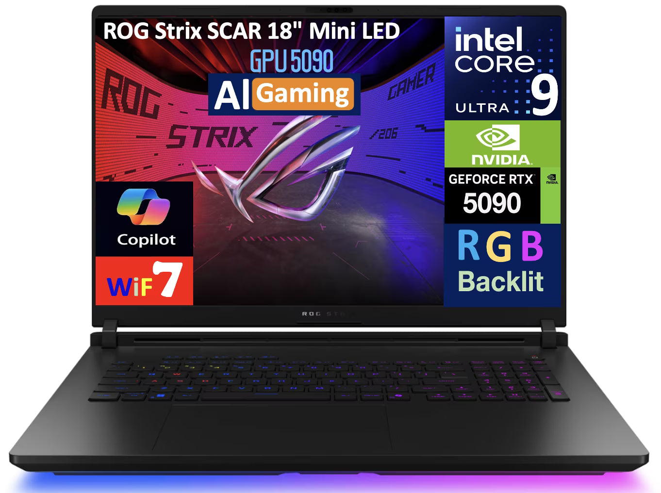 ASUS ROG Strix SCAR AI Gaming Laptop 18in 240Hz Mini LED WQXGA Display (Intel Ultra 9- 275HX, NVIDIA GeForce RTX 5090 24GB, 64GB DDR5, 2x8TB PCIe SSD (16TB), RGB KB, 2 Thunderbolt 5, Win 11 Pro)