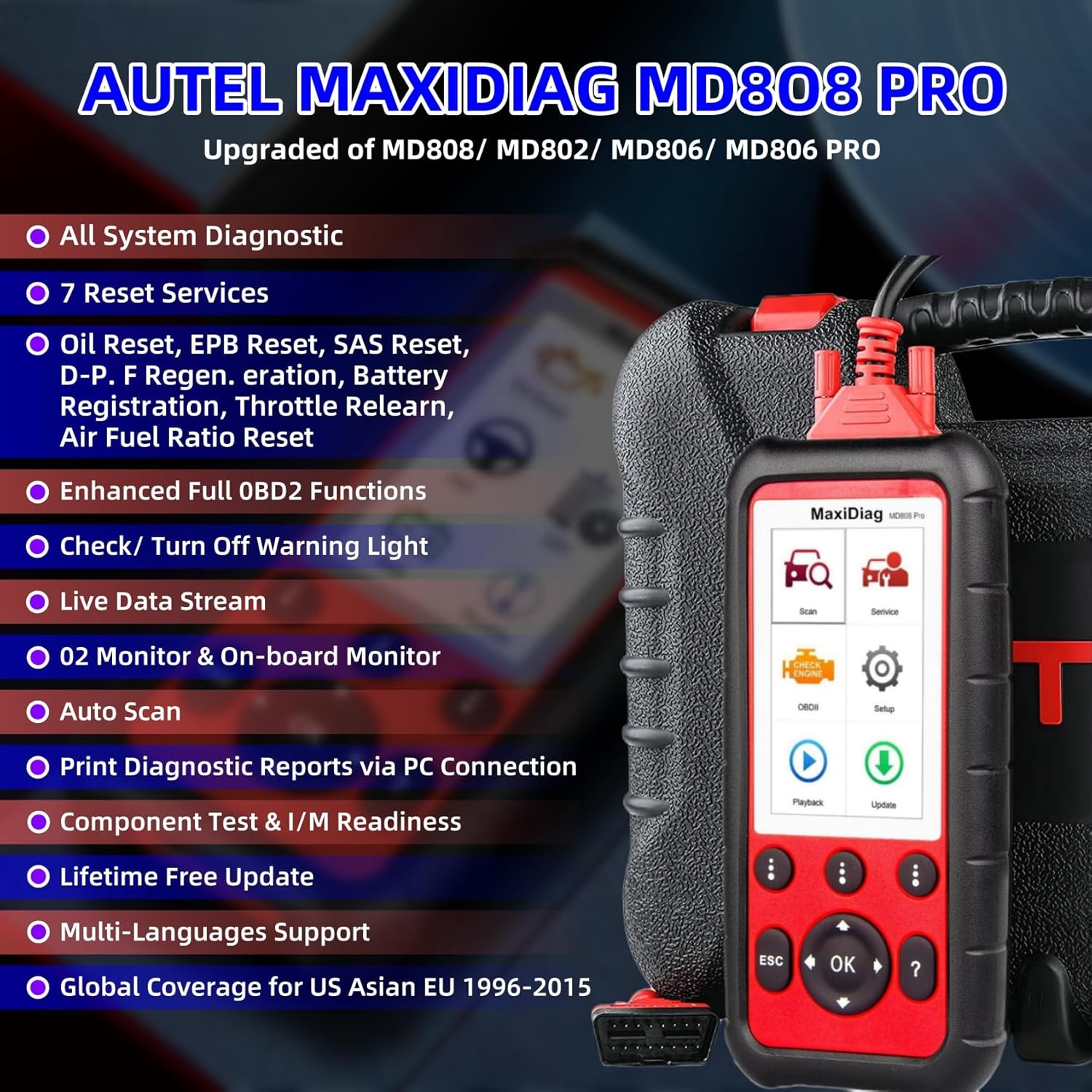 OBD2 Scanner All System Diagnostic Tool MD808 Pro 7 Reset Service k9