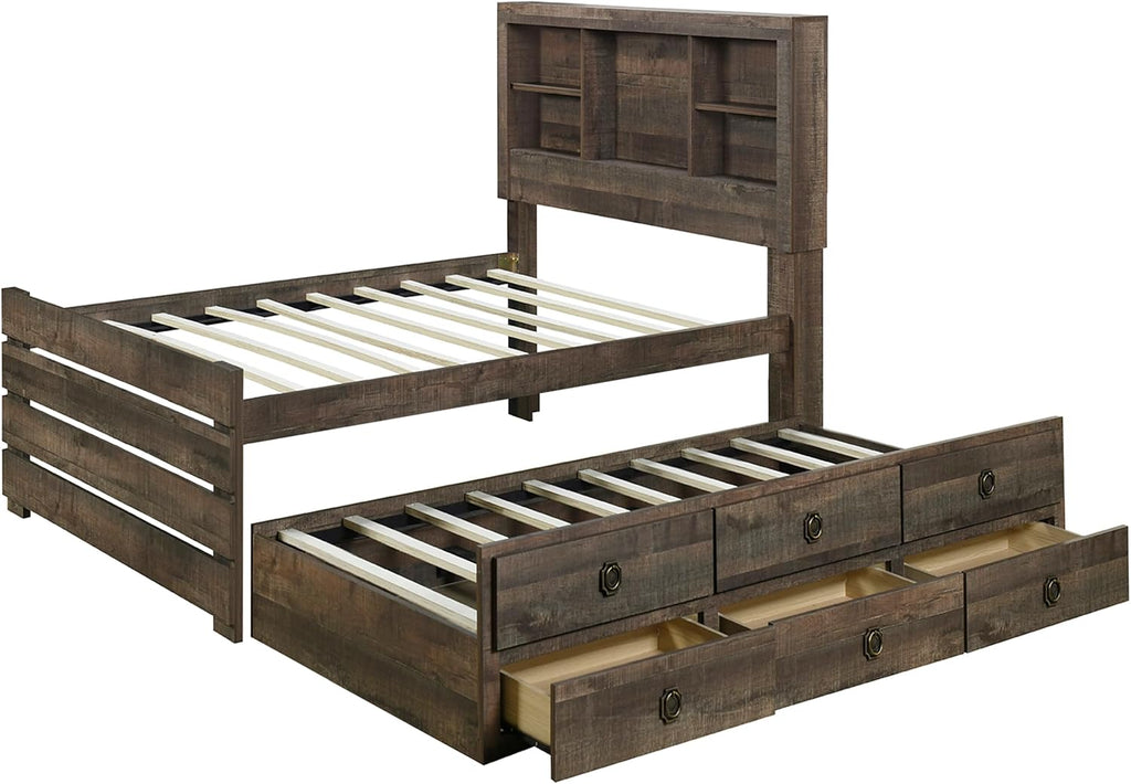 Twin Bookcase Captain Bed with Drawers and Trundle Rustic Brown k7m