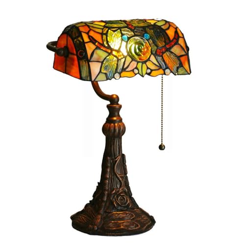 Tiffany Lamp Stained Glass Table Lamp for Living Room Side Dragonfly Piano Lamp Small 15.5" Tall Bedroom Bedside Table Lamp Chain Switch Banker's Home Office Desk Light Farmhouse Lamps