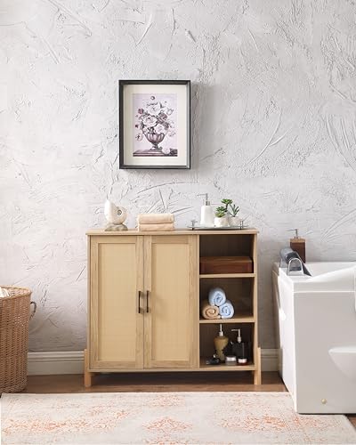 Bathroom Floor Cabinet with Rattan Doors and Adjustable Shelf a7