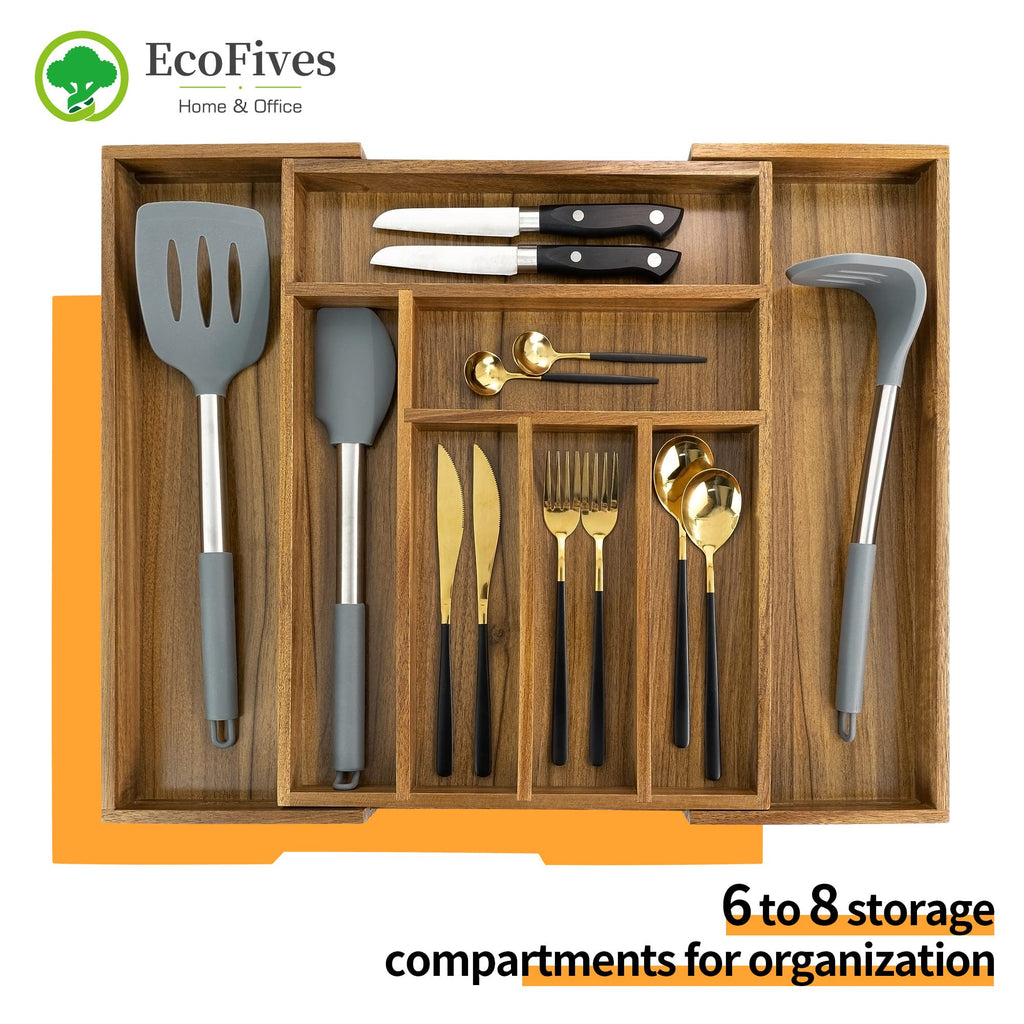 Acacia Cutlery Tray Organizer, Adjustable Drawer Divider, 8 Compartment Utensil Holder, Brown k7