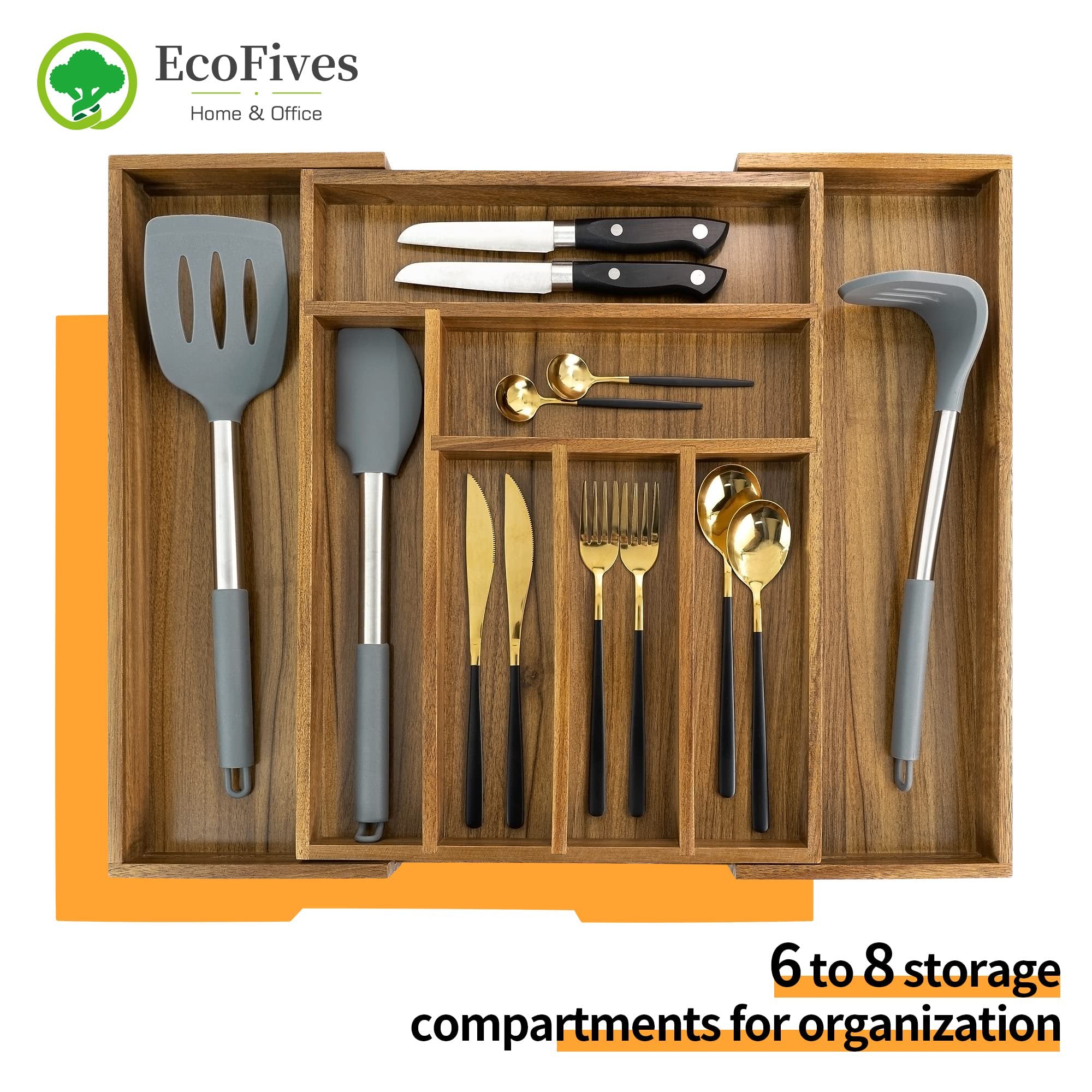 Acacia Cutlery Tray Organizer, Adjustable Drawer Divider, 8 Compartment Utensil Holder, Brown k7