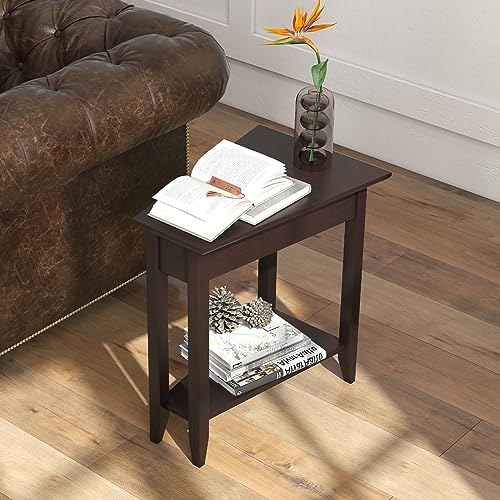 Narrow Triangle Side Table with Storage Shelf, Solid Wood Legs, White a7