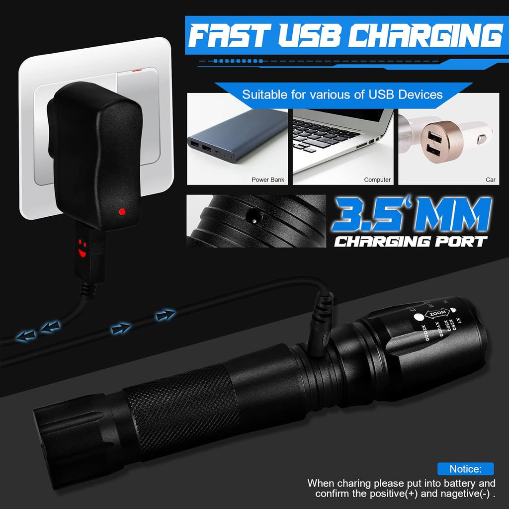 Rechargeable Tactical Handheld Flashlight 5000 Lumen Zoomable Waterproof k7