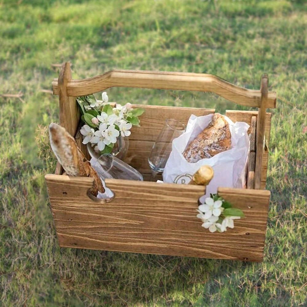Wooden Folding Picnic Basket Table with Wine Glass Holder a7