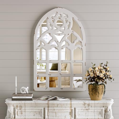Arched Window Mirror, Big Wall Mirrors Decorative with Wood Framed,Large Retro Farmhouse Mirrors,Window Pane Mirror Decor for Kitchen Entryway Living Room Bedroom Bathroom White(23.6"x38"x1.2")