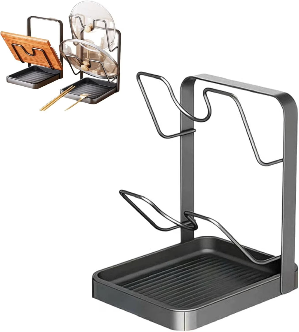 Kitchen Pot Lid Storage Rack, 304 Stainless Steel Pot Lid Holder While Cooking, Multifunctional Kitchen Pot Cover Organizer for Countertop, With Removable Drip Tray