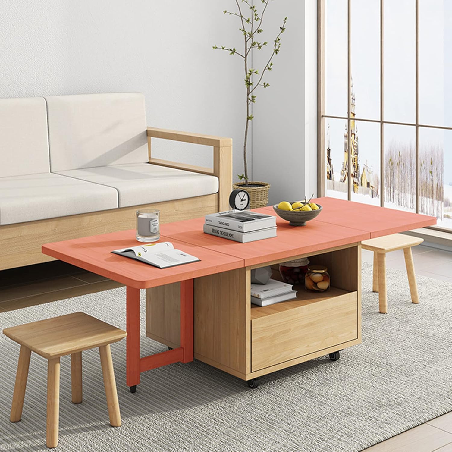 Folding Coffee Table with Drop-Leaf and Rollers, Solid Wood, 1.4m k7