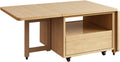 Folding Coffee Table, Multifunctional Dining Table, Solid Wood Drop-Leaf Tea Table with Rollers, Save Space, for Living Room Dining Kitchen Bedroom Furniture, 1.4m, Wood Color
