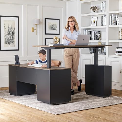 L Shaped Standing Desk with File Cabinet, Electric Adjustable, Black Walnut k7m